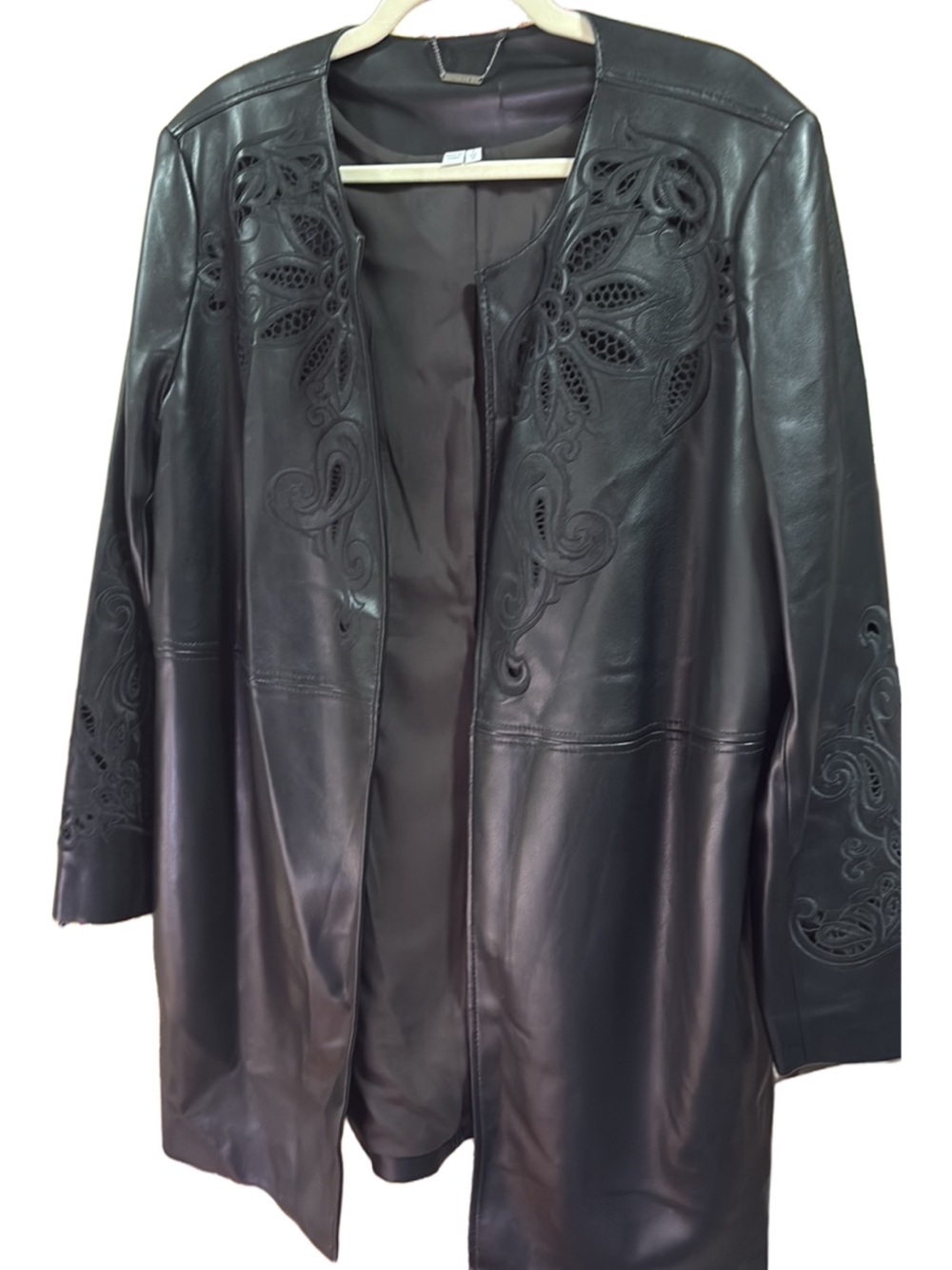 Chico’s Faux Leather Laser-Cut Embroidered Open Front Jacket - Size 3